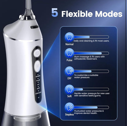Water Flosser for Teeth Cleaning and Flossing, 5 Modes Rechargeable Cordless Oral Irrigator 320ml Water Tank Teeth Cleaner, IPX7 Waterproof Portable Electric Dentel Flossers for Home and Travel,White