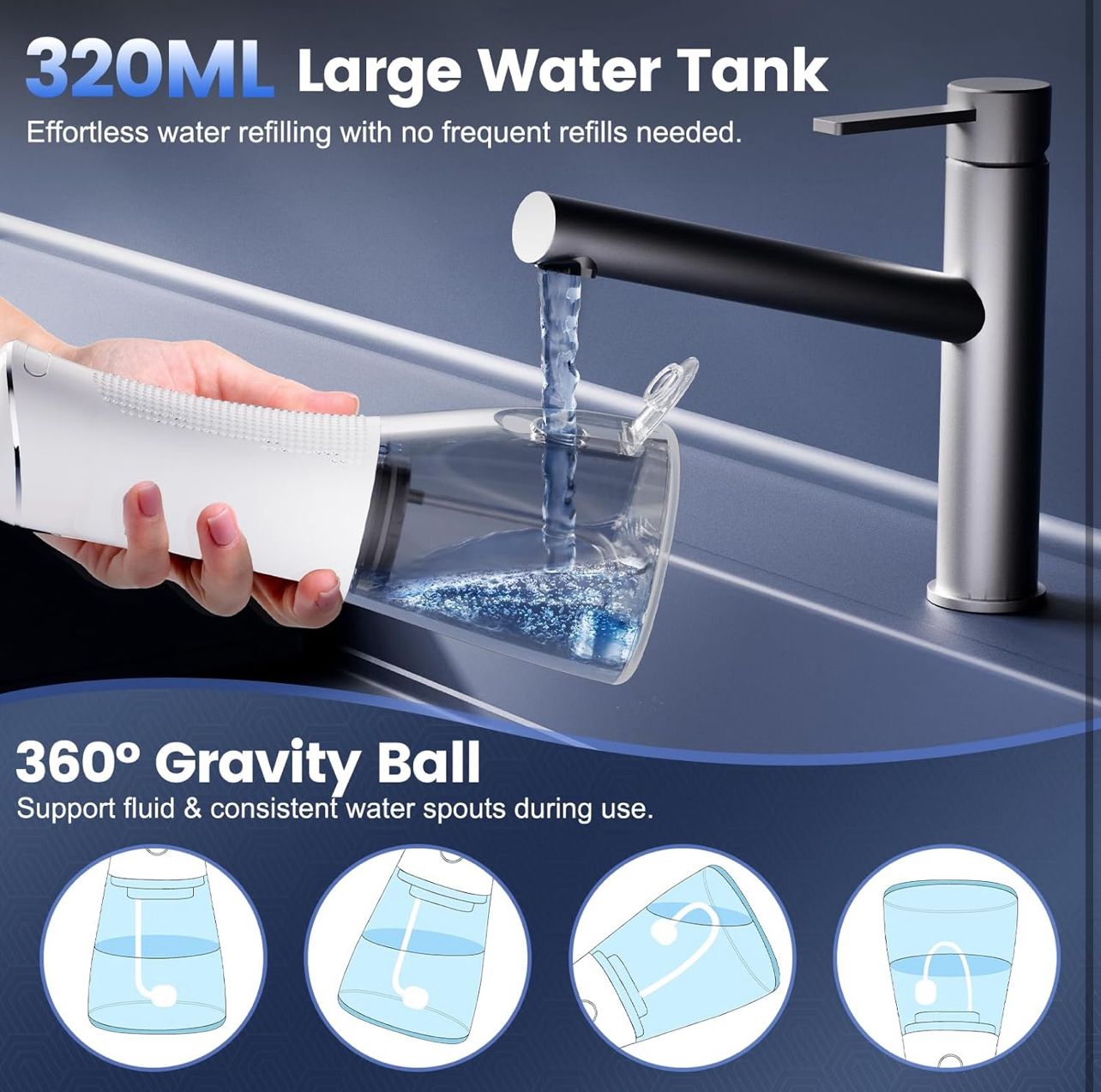 Water Flosser for Teeth Cleaning and Flossing, 5 Modes Rechargeable Cordless Oral Irrigator 320ml Water Tank Teeth Cleaner, IPX7 Waterproof Portable Electric Dentel Flossers for Home and Travel,White