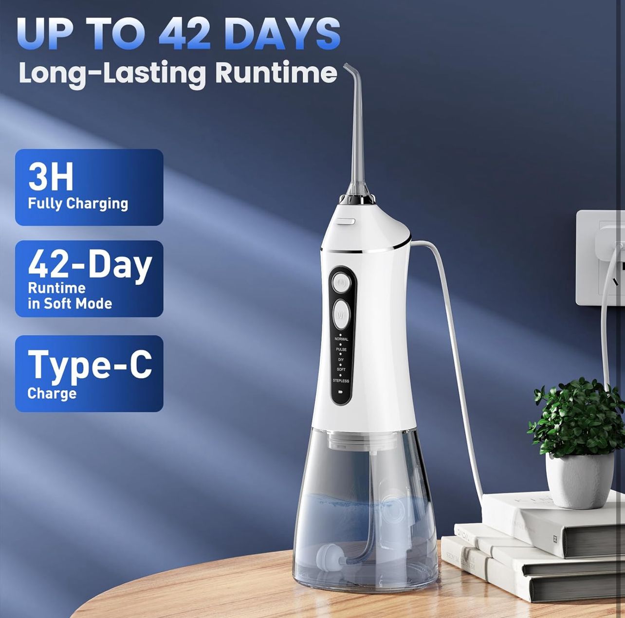 Water Flosser for Teeth Cleaning and Flossing, 5 Modes Rechargeable Cordless Oral Irrigator 320ml Water Tank Teeth Cleaner, IPX7 Waterproof Portable Electric Dentel Flossers for Home and Travel,White