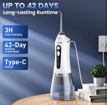 Water Flosser for Teeth Cleaning and Flossing, 5 Modes Rechargeable Cordless Oral Irrigator 320ml Water Tank Teeth Cleaner, IPX7 Waterproof Portable Electric Dentel Flossers for Home and Travel,White