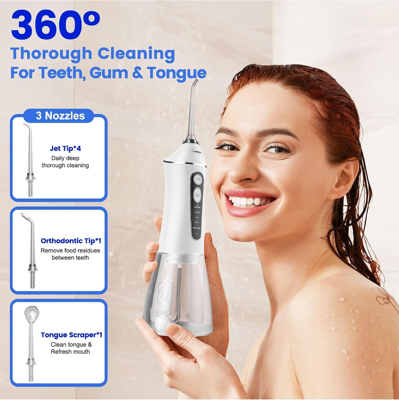 Water Flosser for Teeth Cleaning and Flossing, 5 Modes Rechargeable Cordless Oral Irrigator 320ml Water Tank Teeth Cleaner, IPX7 Waterproof Portable Electric Dentel Flossers for Home and Travel,White